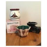 POTPOURRI CROCK, CANDLE MELT, TWO SMALL PLANTERS