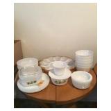 FIRE KING BOWLS, SAUCERS, FRIDGE DISH WITH LID,