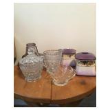 CUT GLASS CREAM & SUGAR, PURPLE FRUIT CANISTERS