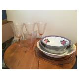 FOUR ETCHED PINK GLASSES, THREE BOWLS FRUIT ROSES