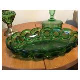 GREEN GLASS OIL LAMP, 3 PIECE POWDER & PURFUME,