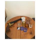 TWO GLASS TOOTHPICK HOLDERS, CERAMIC GUN