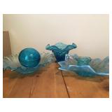 TWO BLUE SCALLOPED DISHES, TOOTHPICK HOLDER,