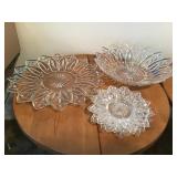 TWO FLOWER CLEAR DISHES, ONE IRRIDESCENT GLASS