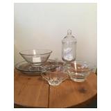 FIRE KING PIE PLATE, SUGAR BOWL, LIDDED ETCHED