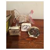 THREE VINTAGE CLOCKS, TOOTHBRUSH HOLDER, PICTURE