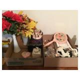 JEWELRY BOX, MILK GLASS VASE, VINTAGE HAND MIRROR,