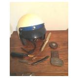 MOTORCYCLE HELMET, CIGAR, BELT BUCKLES, SHAVING