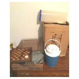 PERCOLATOR (NO CORD), WATER JUG, CHESS BOARD,