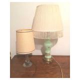 TWO LAMPS, ONE GREEN GLASS WITH HANDCRAFTED