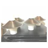 FOUR FROSTED LAMP SHADES, FOUR METAL SHADES
