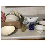 PYREX BOWL, BUNDT PANS, CONDIMENT TRAY, MILK GLASS