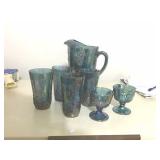 BLUE CARNIVAL PITCHER, GLASSES (ONE CHIPPED),