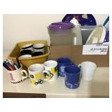 JOHN DEERE COFFEE MUGS, MILK GLASS, BOX OF PLASTIC