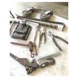 THREE PAIR PLIERS, TWO BINDERS, VISE, TWO HAMMERS,