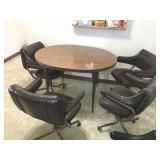 DINING TABLE, THREE ROLLING DINING CHAIRS WITH