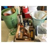 WASTEBASKETS, PLUNGER, GLOVES, BOX OF MISC