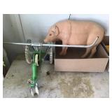 CAST IRON YARD SPRINKLER, PLASTIC PIG SIGN