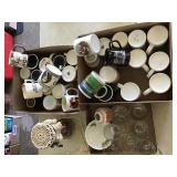 TWO FLATS COFFEE MUGS, ONE FLAT CLEAR GOBLETS