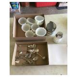 FLAT OF SILVER SPOONS & PLATE/MILK GLASS MUGS