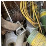 MISC TIRES, WATER HOSE, 5GAL BUCKETS, WOOD,