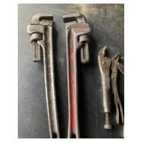TWO 18" PIPE WRENCHES, TWO PAIR VISE GRIPS