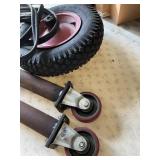 TWO CASTER TABLE LEGS, JUMPER CABLES, WHEEL-