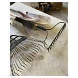 TWO RAKES, POST HOLE DIGGER, SPADE, PITCH FORK