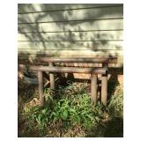 TWO STEEL HEAVY DUTY SAW HORSES, CONTENTS ON ROUND