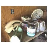 SANDING WHEELS, FENDERS, OLD TOOL CADDY, FAN,