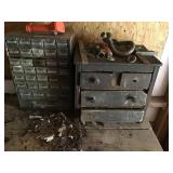 ANTIQUE WOOD CHEST WITH ANTIQUE DRILL BITS &