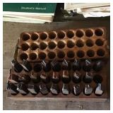 LETTER PRESSES (?), BITS (?), IN WOODEN BOX