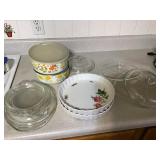 TWO ENAMEL NESTING BOWL SETS, PYREX GLASS LIDS