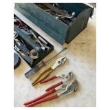 METAL TOOL BOX WITH PLIERS, SOCKET, RATCHET, MISC