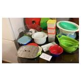 Plastic containers, colanders, egg holders, Plastic containers, colanders, egg holders,