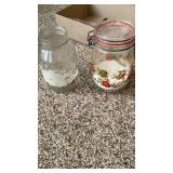 Glass container, jar, metal frying pan, two glass Glass container, jar, metal frying pan, two glass