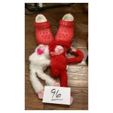 Size 9 crocs, monkey stuffed animals, pink socks, Size 9 crocs, monkey stuffed animals, pink socks,