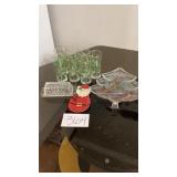 Glass poinsettia and bells candy dish, Santa Glass poinsettia and bells candy dish, Santa