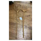 Two wooden pitch forks 56in tall Two wooden pitch forks 56in tall