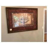 Framed Floral Artwork and Wood Chest
