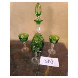 Green Glass decanter three glasses Green Glass decanter three glasses