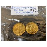 (2) Walking Liberty Gold Platted SIlver Coins