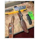 Knife sharpener , knife with a wood handle and leather sheath, pocket knife