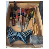 Assorted Screw Drivers, Hammers, Clamps, Chisels