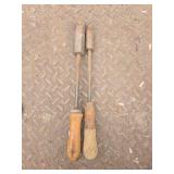 vintage soldering irons, often used by tinsmiths or blacksmiths to melt lead or solder for jointing metal.They feature copper tips designed to hold heat, connected by forged iron rods to wooden handle