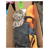 Box of assorted hats, shell belt/bag