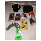 Assorted arrowheads, bowstring attachment, hunting license holders