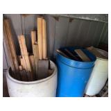 (3) Plastic Rain Barrels w/ Wood Scraps