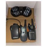 Miscellaneous hunting items. Walkie talkies, 2 camouflage ponchos, turkey calls, doe bleating call, lensatic compass