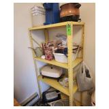 5' shelf with contents. Keurig, vintage crockpot, electric skillet and other miscellaneous items